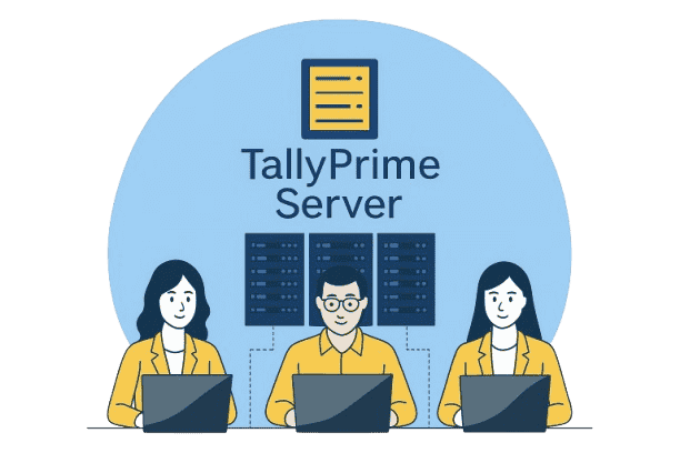 It looks like you’ve uploaded an image showing an illustration of three people working on laptops with the text “TallyPrime Server” and server icons in the background.