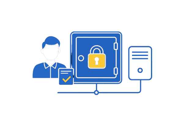 "Illustration of a person next to a secure safe with a padlock symbol, a check-mark badge, and a connected server, representing data security and protection."