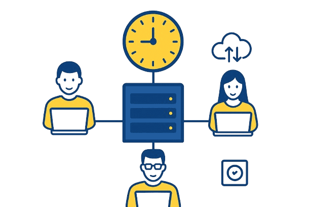 "Illustration of three people using laptops connected to a central server, with a clock above the server, a cloud upload/download icon, and a checkmark symbol, representing synchronized and connected working."